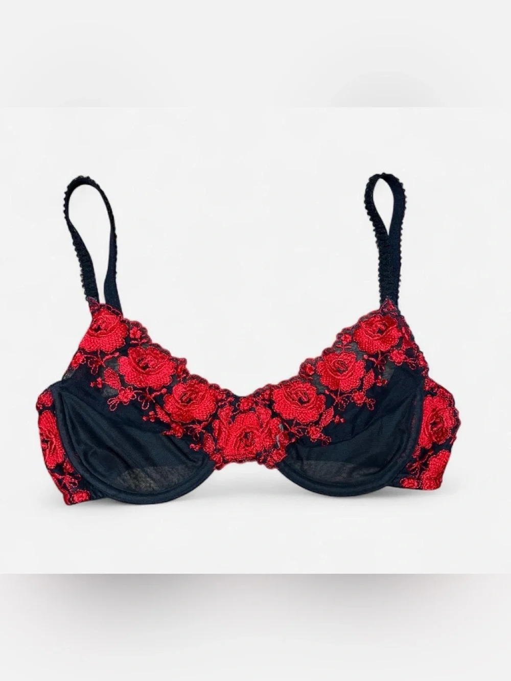 Vintage Victoria Secret red rose embroidered black mesh bralette